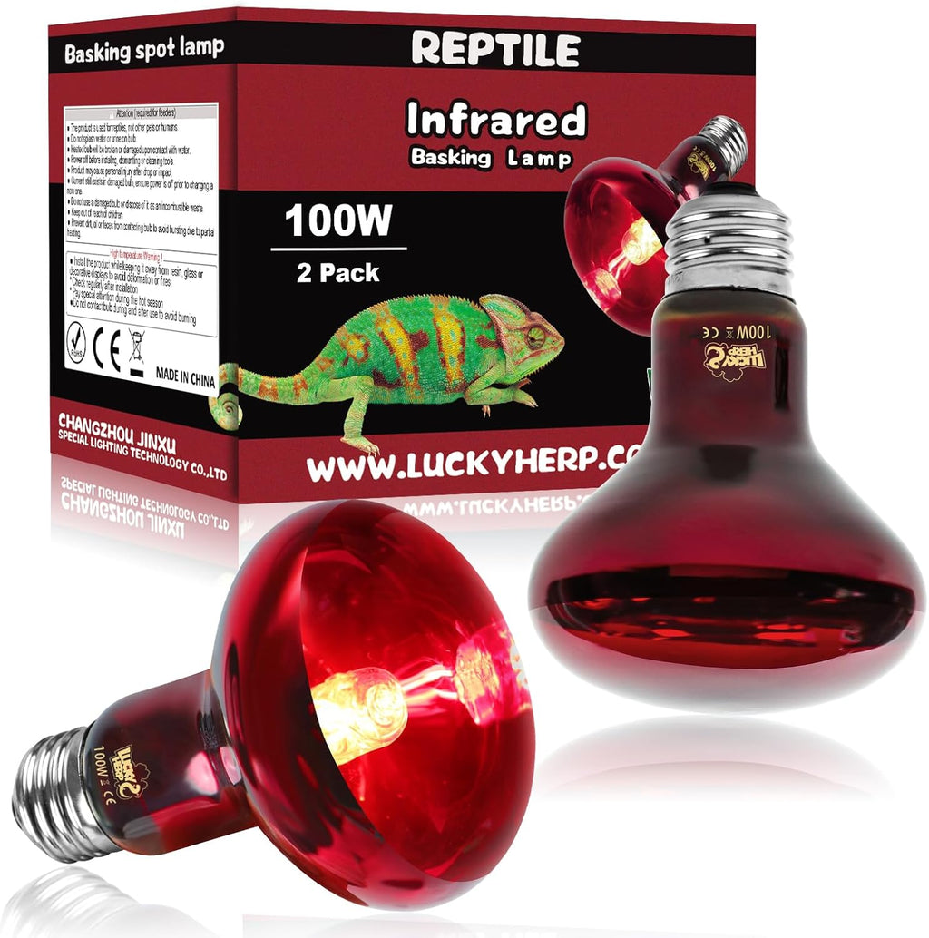 LUCKY HERP Infrared Heat Lamp 100W 2 Pack，Reptile & Amphibian Basking Spot Light Bulbs, Red Heat Lamp Bulbs for Reptiles, Bearded Dragon, Turtle, Lizard, Snake, Chicken