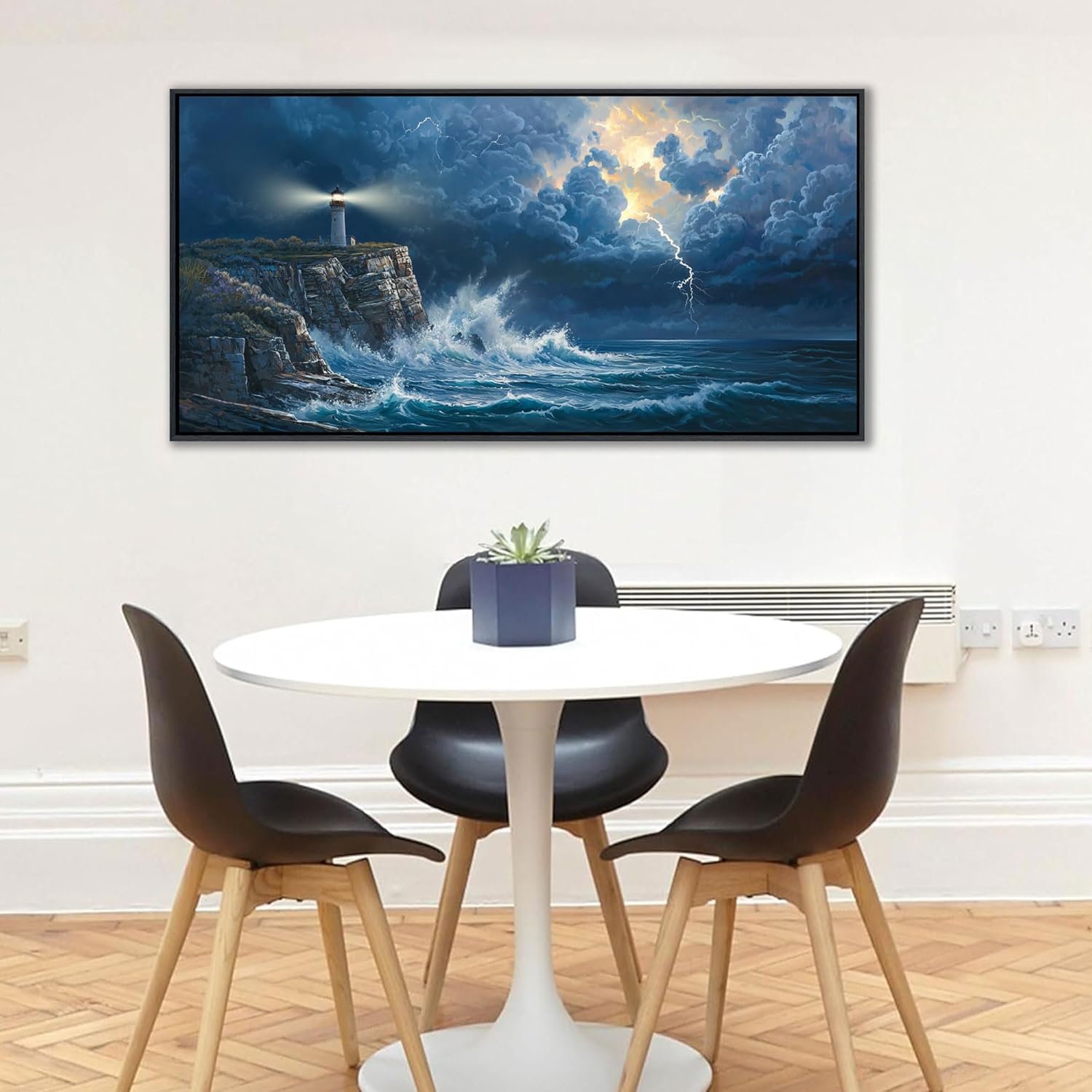 Coastal Wall Art Framed Ocean Canvas Painting Navy Blue Picture, Lighthouse Artwork for Dining Room,Living Room,Bedroom Decoration Can be Hung Directly Size 20x40 Inches