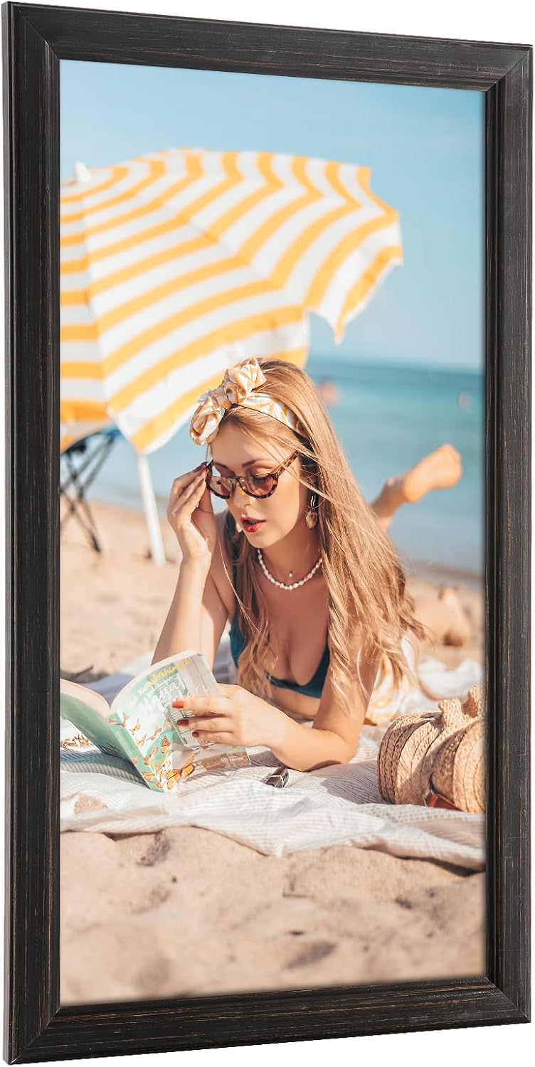 11x22 Wood Frame Black, Rustic Natural Wooden 22x11in Poster Picture Frame, Distressed 11 x 22inch Woodgrain Gallery Photo Frame with HD Plexiglass, Horizontal Vertical Wall Mounting Display 1pcs