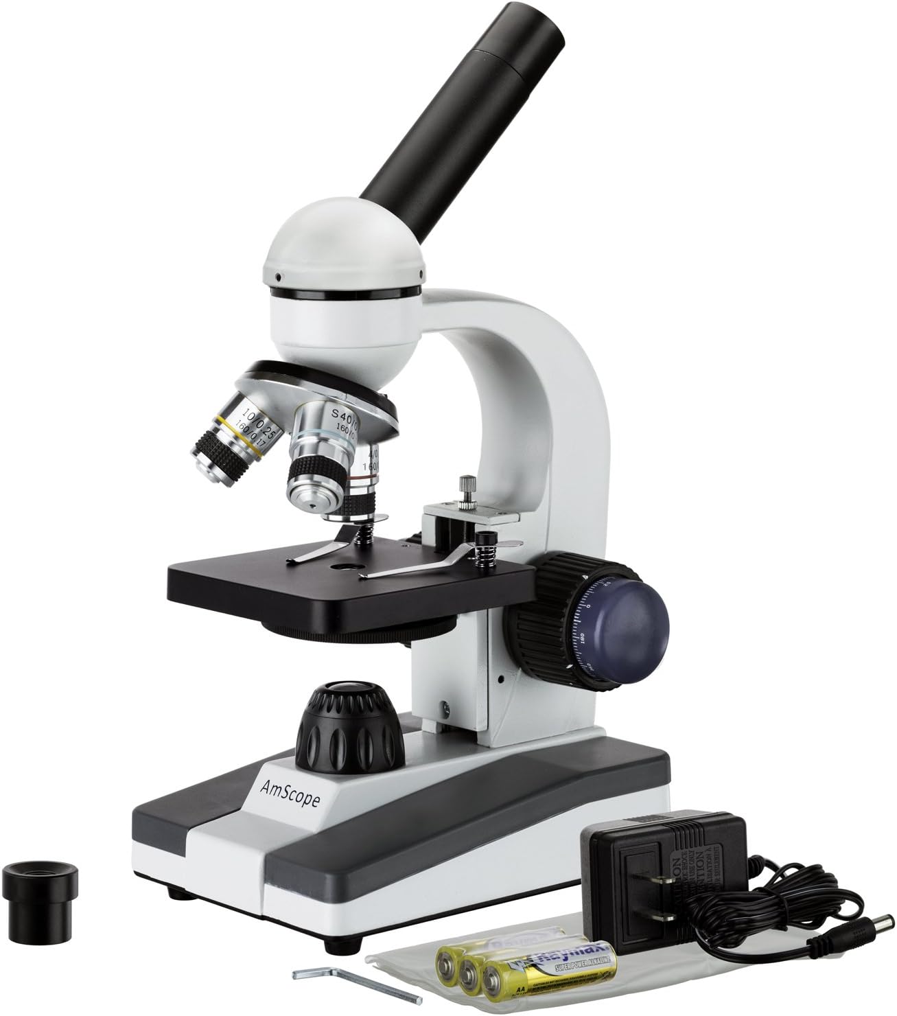 AmScope M150C-E-A 40X-1000X LED Cordless All-Metal Framework Full-Glass Optical Lens Student Compound Microscope with Coarse & Fine Focusing + Digital Camera USB Imager