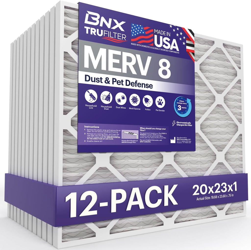 BNX TruFilter 20x23x1 Air Filter MERV 8 (12-Pack) - MADE IN USA – Dust & Pet Defense Electrostatic Pleated Air Conditioner HVAC AC Furnace Filters for Dust, Pet, Mold, Pollen MPR 600 – 700 & FPR 5