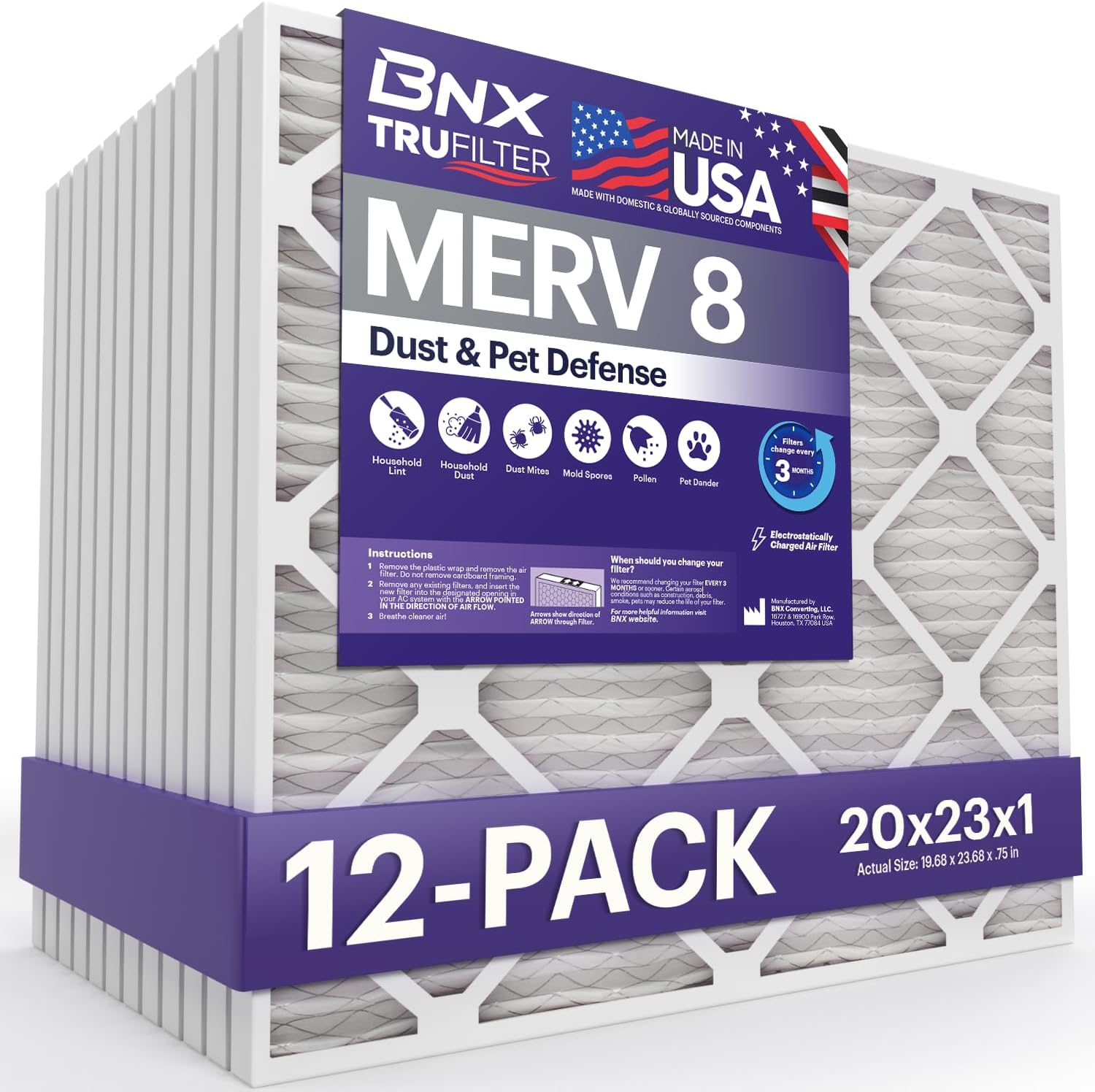 BNX TruFilter 20x23x1 Air Filter MERV 8 (12-Pack) - MADE IN USA – Dust & Pet Defense Electrostatic Pleated Air Conditioner HVAC AC Furnace Filters for Dust, Pet, Mold, Pollen MPR 600 – 700 & FPR 5