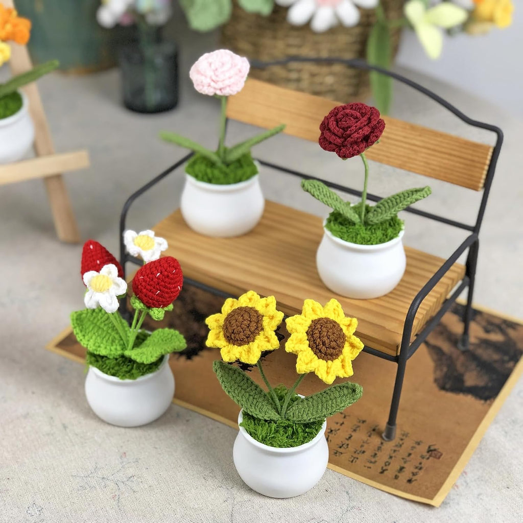 Crochet Flowers Cute Little Potted Flower, Gift for Birthday, Teacher’s Day, Graduation, Anniversary, Christmas, Decor for Car Dashboard,Home Office Decoration (Sunflower)