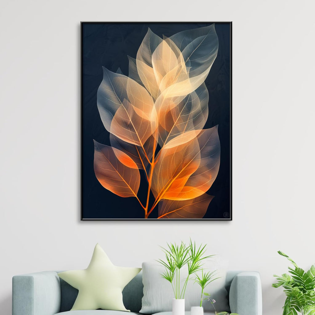 Botanical Leaf Canvas Wall Art, Modern Nature-Inspired Decor for Living Room, Bedroom, Office Ready to Hang (Serene Hues, 35"Wx47"H/90x120cm, Black Frame)