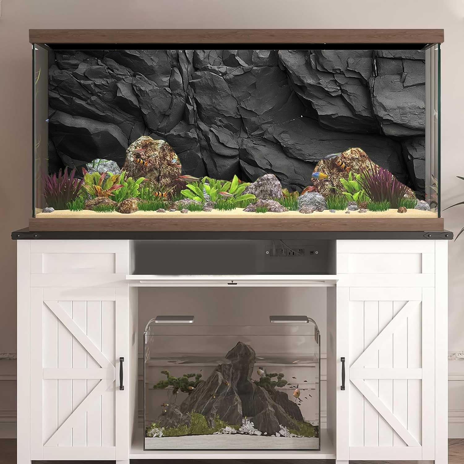 Stone Aquarium Background, Underwater Black Rock Fish Tank Background Rocky Terrarium Background, Polyester Background with 6 EVA Double-Sided Tapes 48x24 inches/120x60cm
