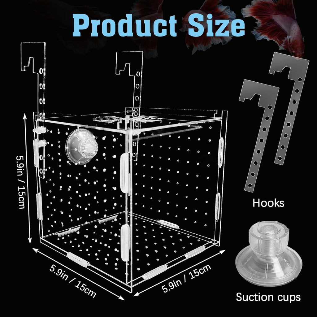 Hamiledyi Acrylic Breeding Isolation Box - Transparent Aquarium Hatchery for Guppy/Shrimp/Small Fish, Safe Nursery Tank with Air Tube & Suction Cups(5.9" × 5.9" × 5.9")