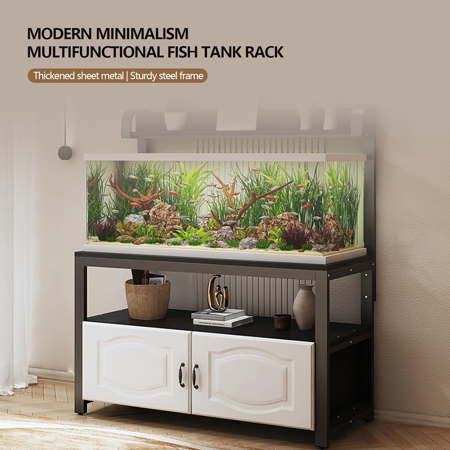 Large Aquarium Stand with Storage Cabinet, Adjustable Height, High Load Capacity, Suitable for Reptile/Reptile Tanks(White,90x50cm/35.4x17.7in)