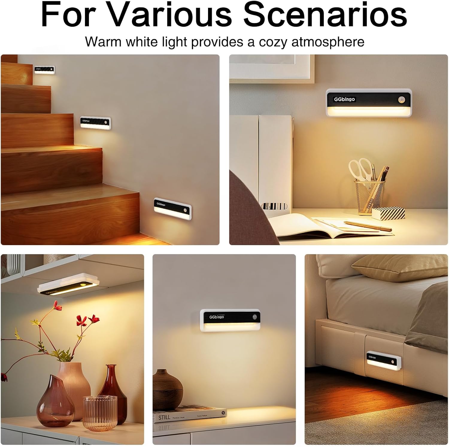 Motion Sensor Night Lights, 1800mAh Rechargeable Motion Activated Night Light, 3000K Battery Operated LED Sensor Light Indoor for Stair, Bedroom, Stairway, Hallway, Kitchen, Cabinet, Closet