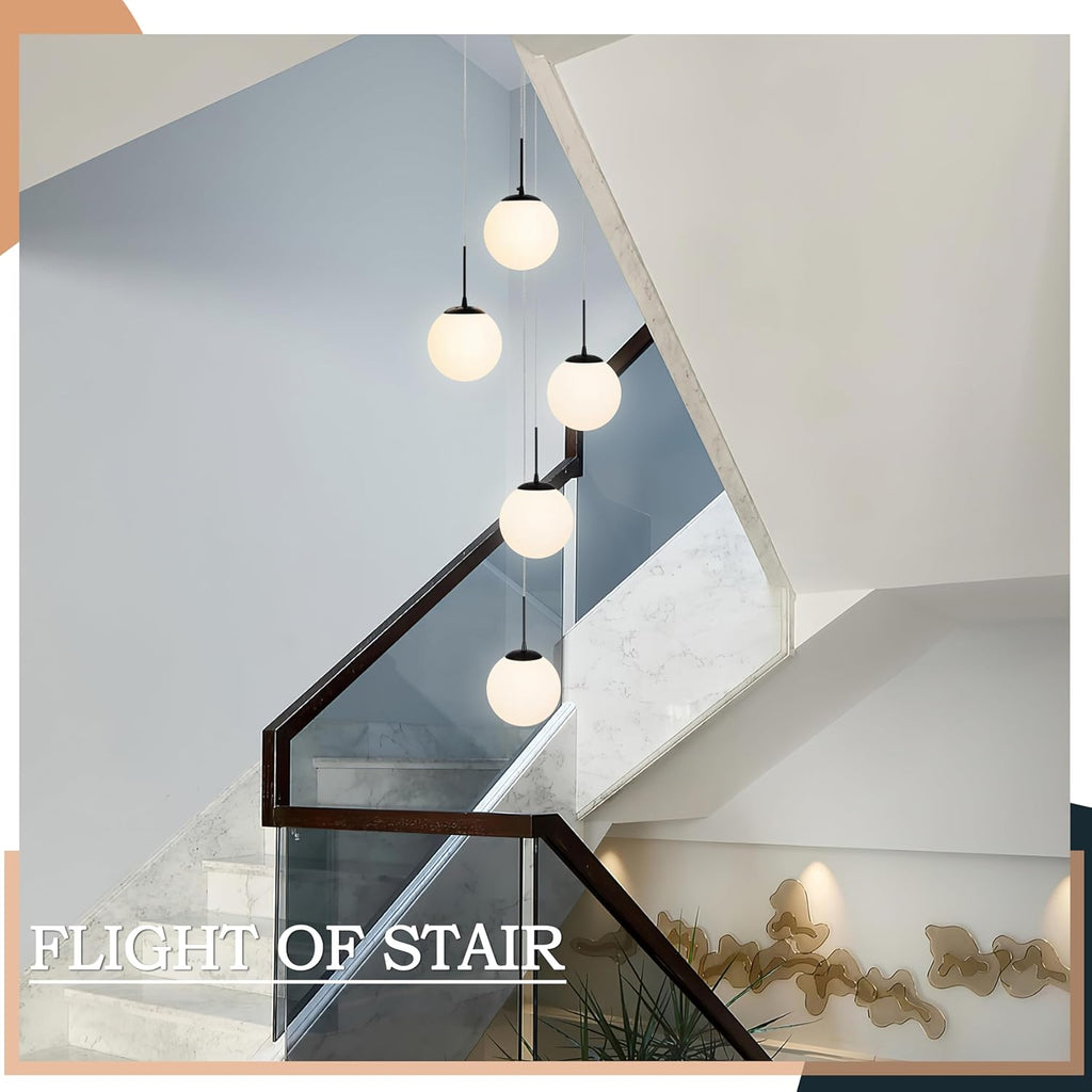 KoKo&Yukina 5-Light Globe Glass Pendant Light Adjustable Length Pendant Lights Fixtures Modern Black Chandelier with Milky White Glass Ceiling Lights for Living Room Staircase (Bulb & Remote Incl.)