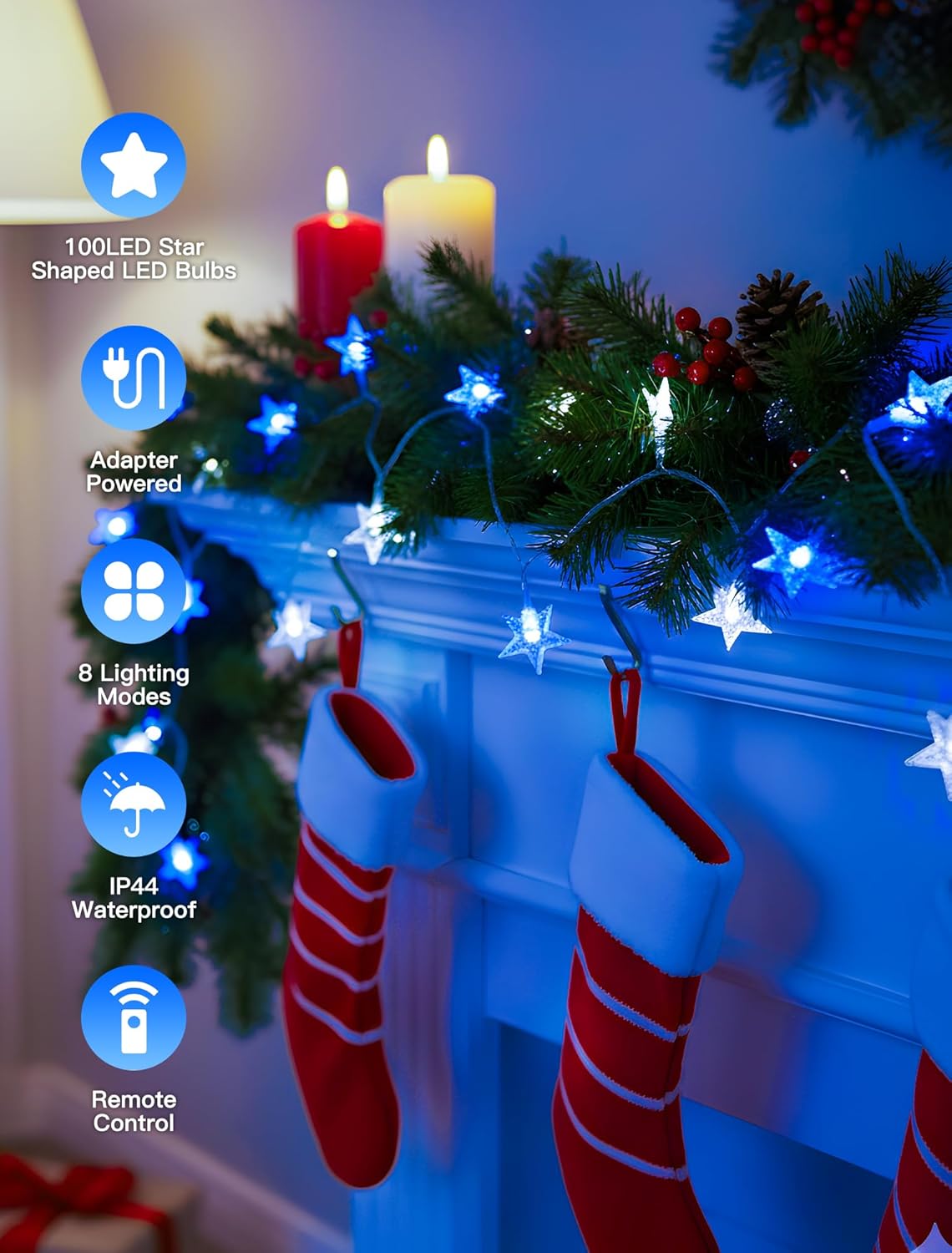 Star String Lights Plug in,33ft 100LED Star Christmas Lights with Remote and Timer, Fairy Lights Waterproof for Indoor Outdoor Bedroom Classroom Dorm Wedding Party Holiday Decor,Blue-White