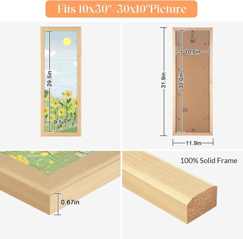 10x30 Wood Frame, Rustic Natural Wooden 30x10in Poster Picture Frame, Modern Beige Woodgrain 10 x 30inch Gallery Wall Photo Frame with HD Plexiglass, Horizontal Vertical Wall Mounting Display 1pcs