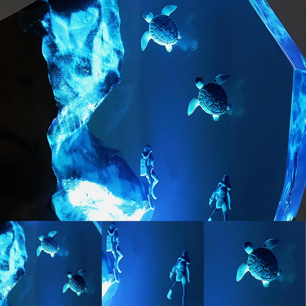 Epoxy Resin Sea Turtle Lamp, Diver Ocean Lamp,Handmade Home Decor Bedside Nightlight, Unique Resin Lighting, Nightstand Decorations for Bedroom, Suitable for Holidays(Sea Turtles & Divers)