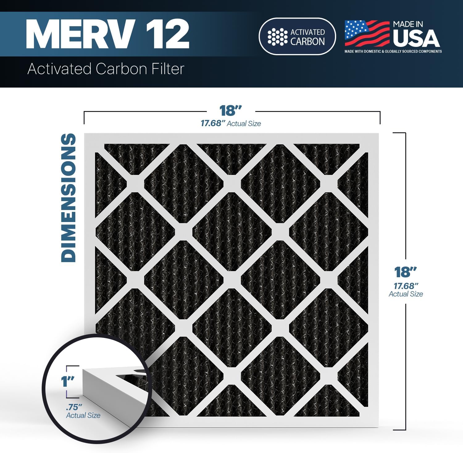 BNX TruFilter 18x18x1 MERV 12 Odor Defense (4-Pack) AC Furnace Air Filter with Activated Carbon - MADE IN USA - Pleated Air Conditioner HVAC AC Furnace Filters - Removes Odor, Mold, Bacteria, Smoke