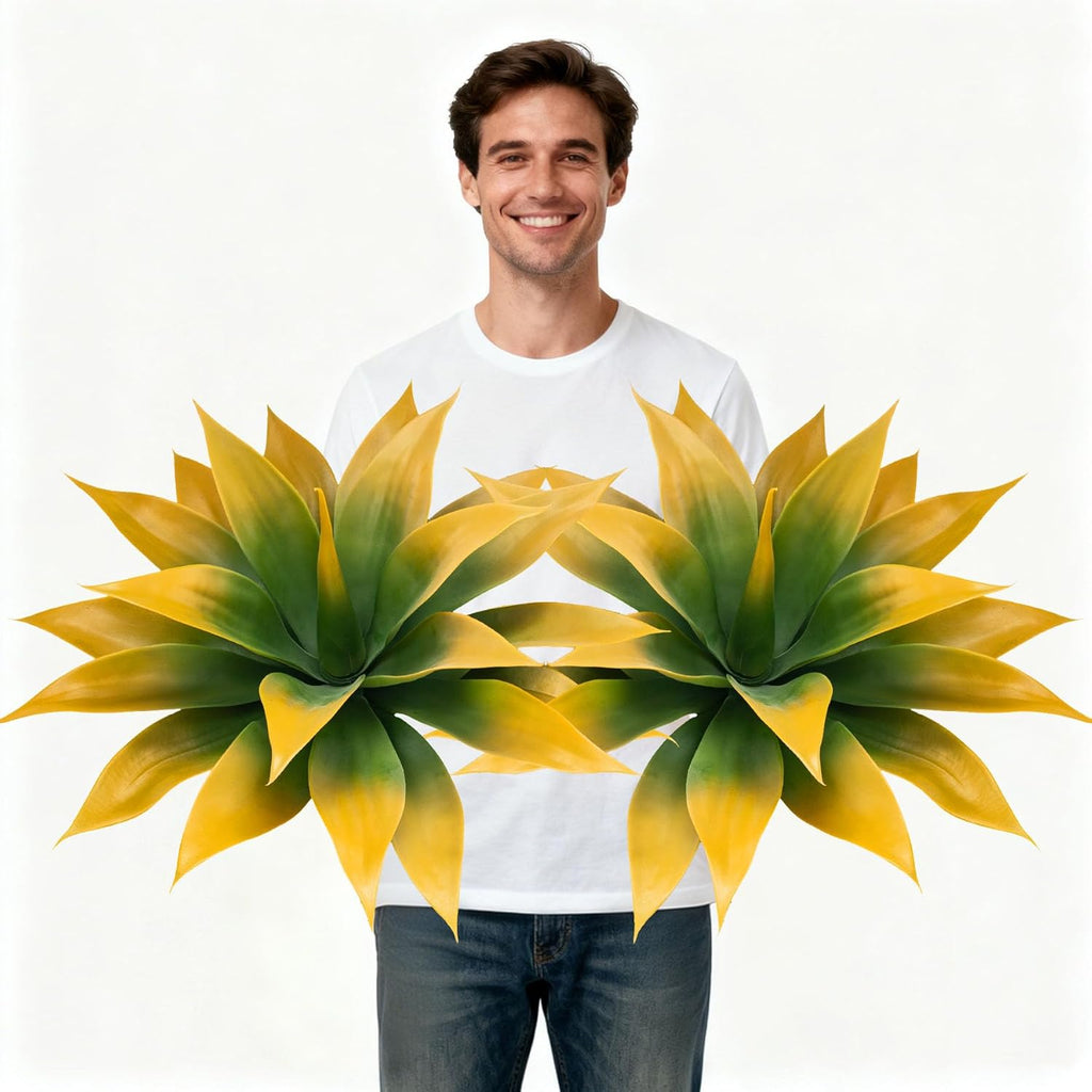 Artificial Agave Faux Agave Fake Greenery Outdoor Artificial Plants Fake Plants for Indoor Home Decoration Plastic Plants Outdoor Decor Front Porch Decor Simulation Plants 18In(Yellow) 2Pack