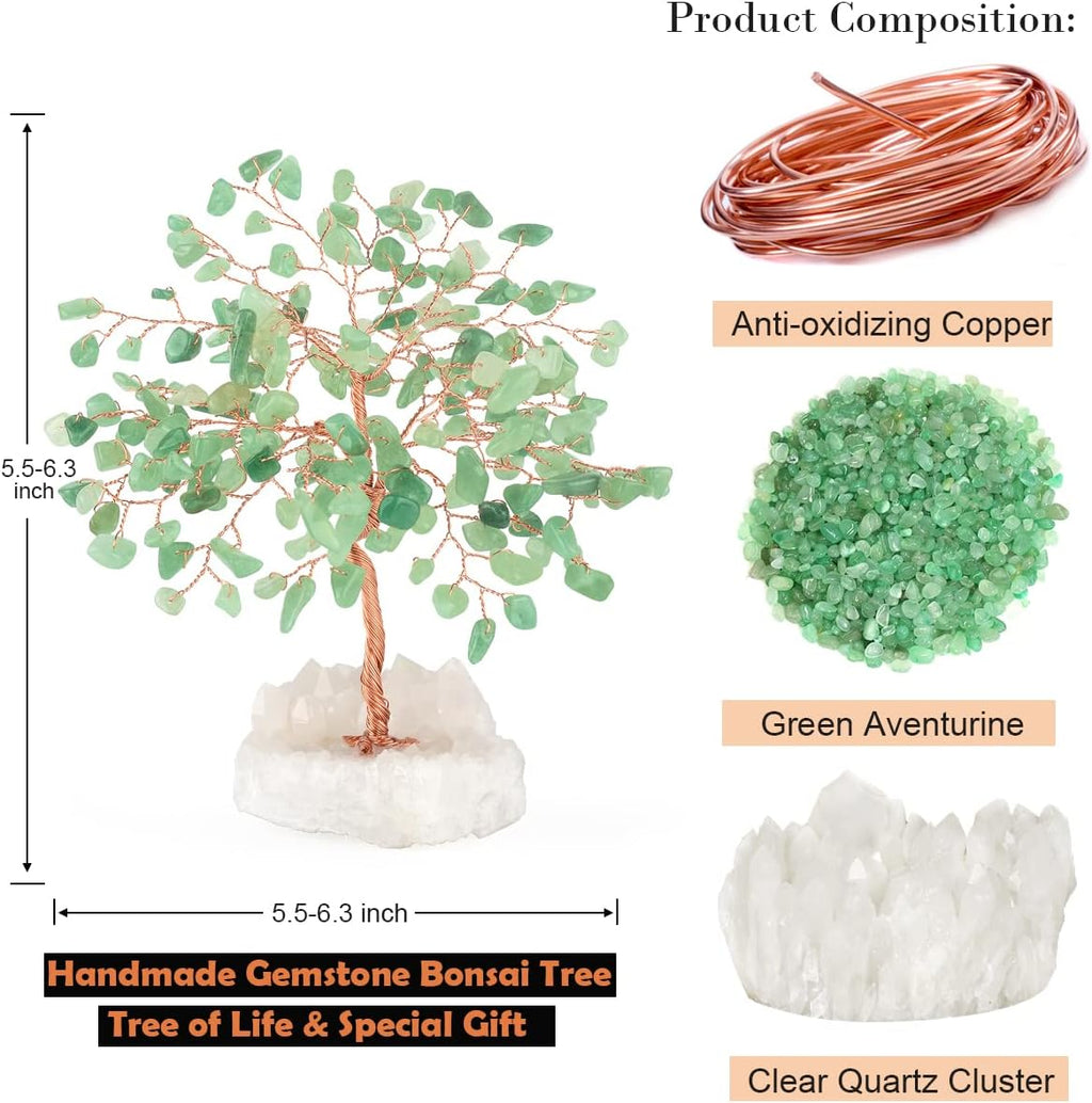 Crystal Tree of Life,Aventurine Jade Clear Quartz Cluster Base,Bonsai Feng Shui Decor Money Tree,Healing Crystals Positive Enegy,Gift Size 5.5"-6.3"