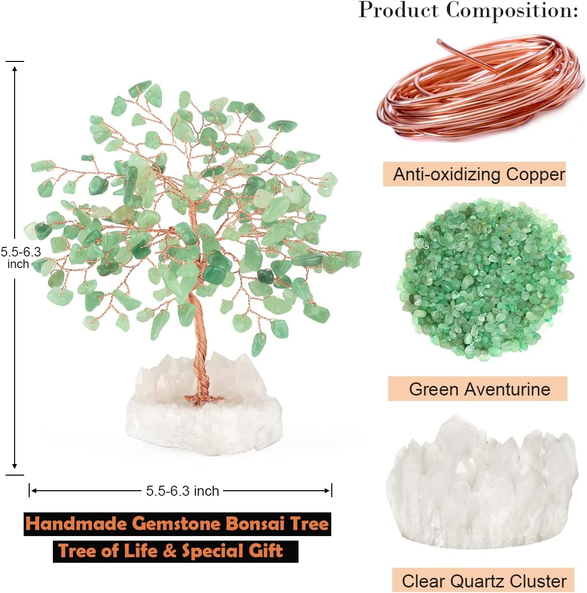 Crystal Tree of Life,Aventurine Jade Clear Quartz Cluster Base,Bonsai Feng Shui Decor Money Tree,Healing Crystals Positive Enegy,Gift Size 5.5"-6.3"