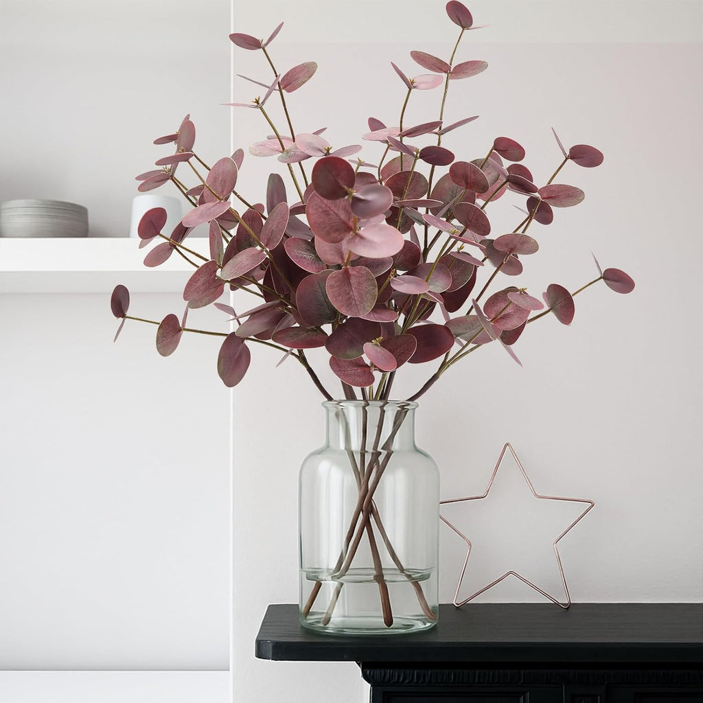6pcs Real Touch Artificial Eucalyptus Stems Dual-Sided Lifelike Leaves Fake Eucalyptus Plants for Wedding Flower Arrangement Centerpiece Bouquet Home Office Decor(Purple)
