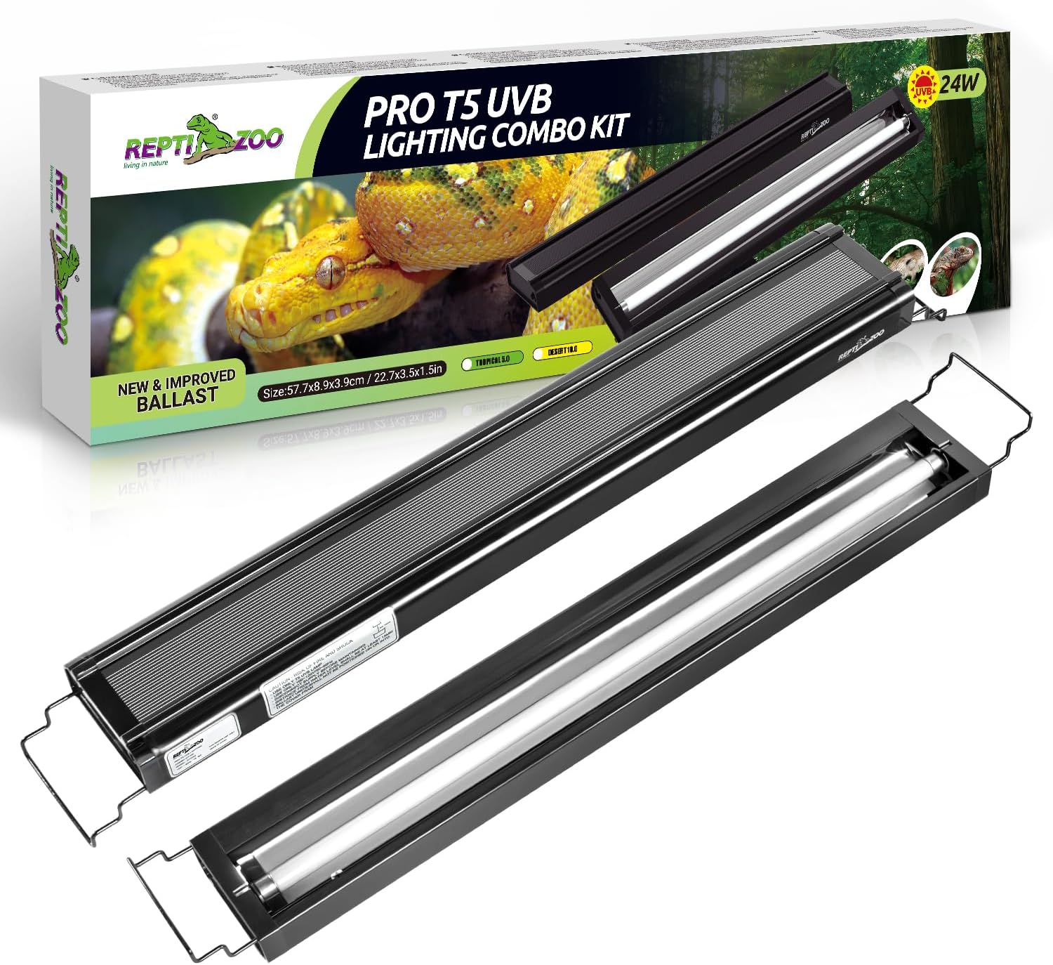 REPTI ZOO UVB Reptile Light, New Version T5 HO UVB Lighting Combo Kit, Reptile Terrarium Hood with 5.0 UVB Tube Bulb, Reptile Light Fixture 24W-22Inch