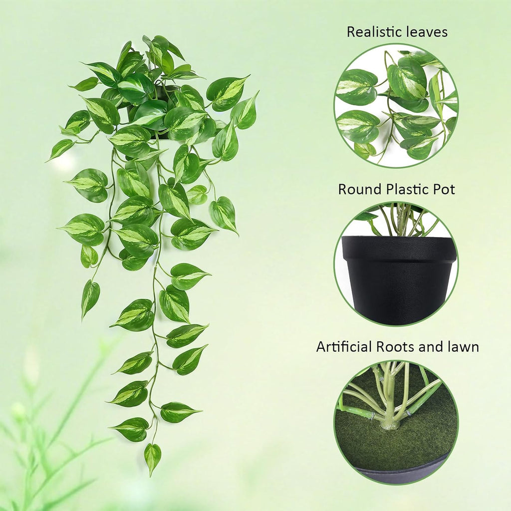 Realistic Artificial Pothos Vines with Pots - Fake Hanging Plants for Indoor Decor, Low Maintenance Silk Faux Greenery(2 PCS)