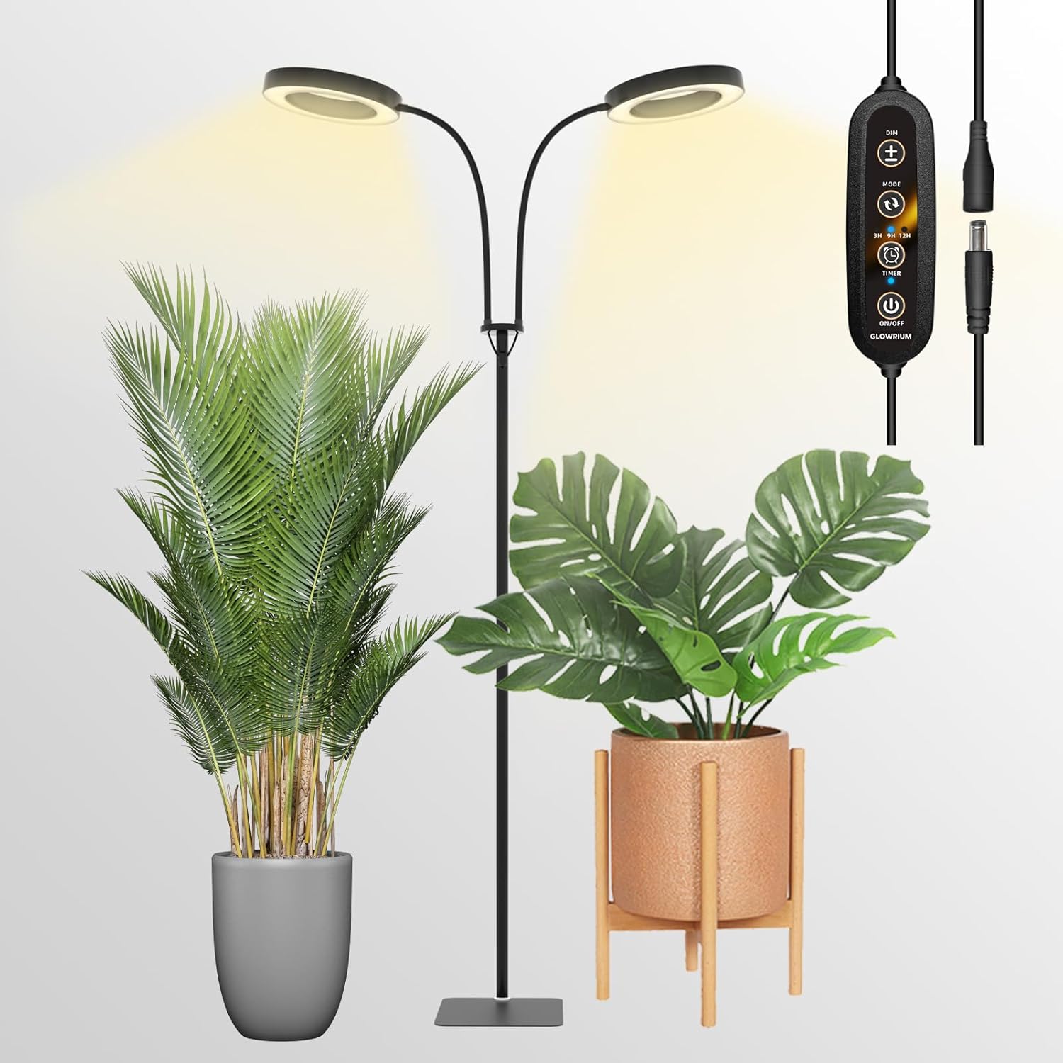 GLOWRIUM Grow Lights for Indoor Plants, Full Spectrum LED Grow Light Floor Lamp with Stand Adjustable Height and Angle, Black Plant Light with 3/9/12H Grow Light Timer (Black, 36W)
