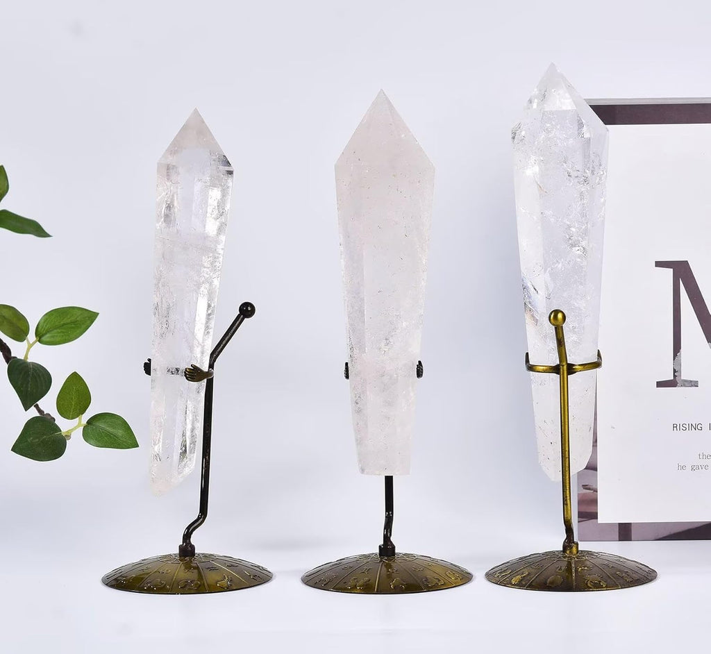 White Crystal Wand Point Long Healing Crystal Scepter Decorative Stone Reiki Meditation with Display Stand Home Office Decor 0.6-0.8LBS