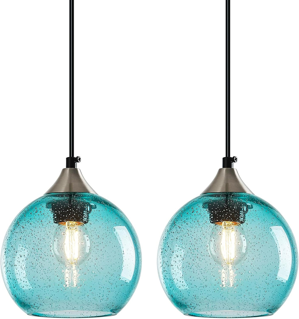 Light Blue Glass Pendant Lights Kitchen Island Globe Pendant Light Fixtures Modern Pendant Lighting for Bedroom Living Dining Room Light Fixture (5.9 in, 2 Pack)