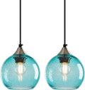Light Blue Glass Pendant Lights Kitchen Island Globe Pendant Light Fixtures Modern Pendant Lighting for Bedroom Living Dining Room Light Fixture (5.9 in, 2 Pack)