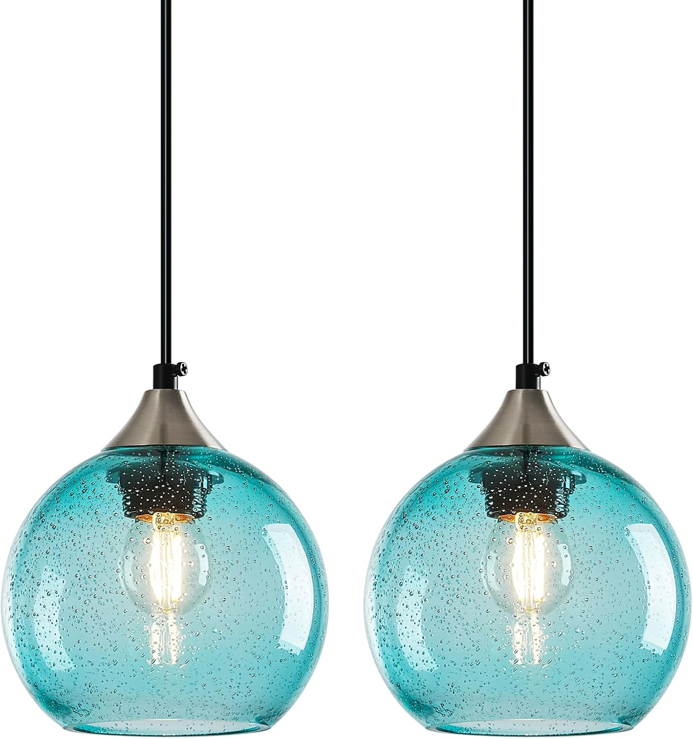 Light Blue Glass Pendant Lights Kitchen Island Globe Pendant Light Fixtures Modern Pendant Lighting for Bedroom Living Dining Room Light Fixture (5.9 in, 2 Pack)