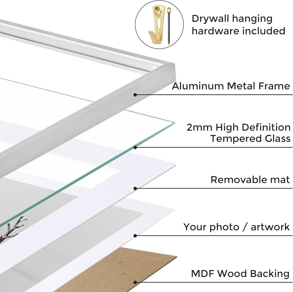 20x24 Metal Picture Frame with 16x20 Mat, Brushed Aluminum Finish, Tempered Glass Front, and Attached Hanging Hardware - Versatile Wall Display Frames for Vertical or Horizontal Orientation(Silver,