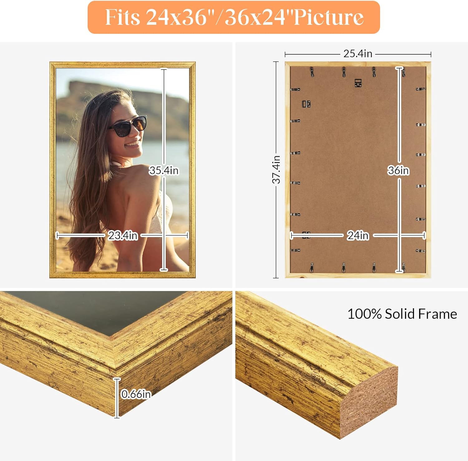 Wood 24x36 Poster Frame Gold, Ornate Natural 36x24in Picture Photo Frame, Modern Golden 24 x 36inch Gallery Wall Frame with HD Plexiglass, Horizontal Vertical Wall Mounting Display 1pcs