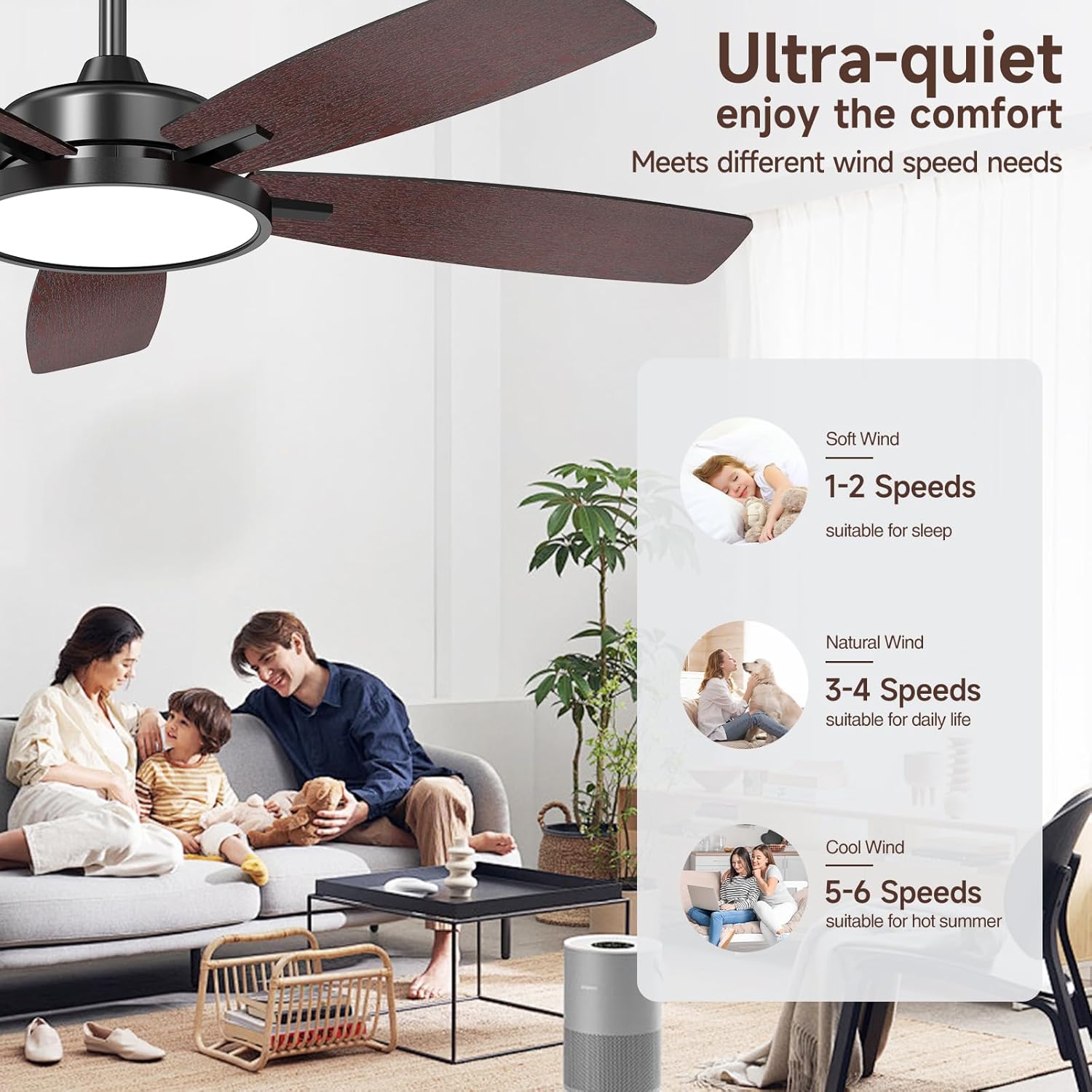 Roomratv Ceiling Fans with Lights,52 Inch,Remote Control,Dimmable,Quiet Reversible DC Motor,Black Ceiling Fan for Living Room,Bedroom,Kitchens,Outdoor Patio,Farmhouse