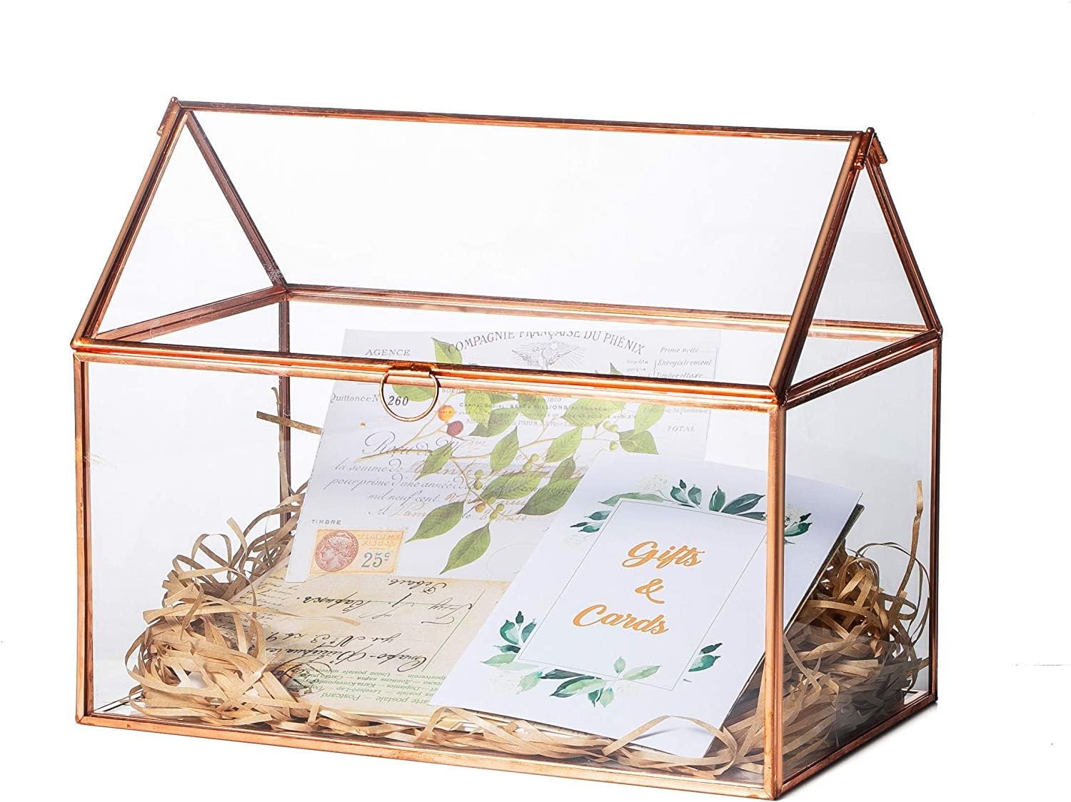 NCYP Small Wedding Glass Cards Box for Reception - 10.2x5.9x8.2 Inches House Shape Decorative Storage Box with Lid - Rose Gold Card Holde for party (Glass Box Only)