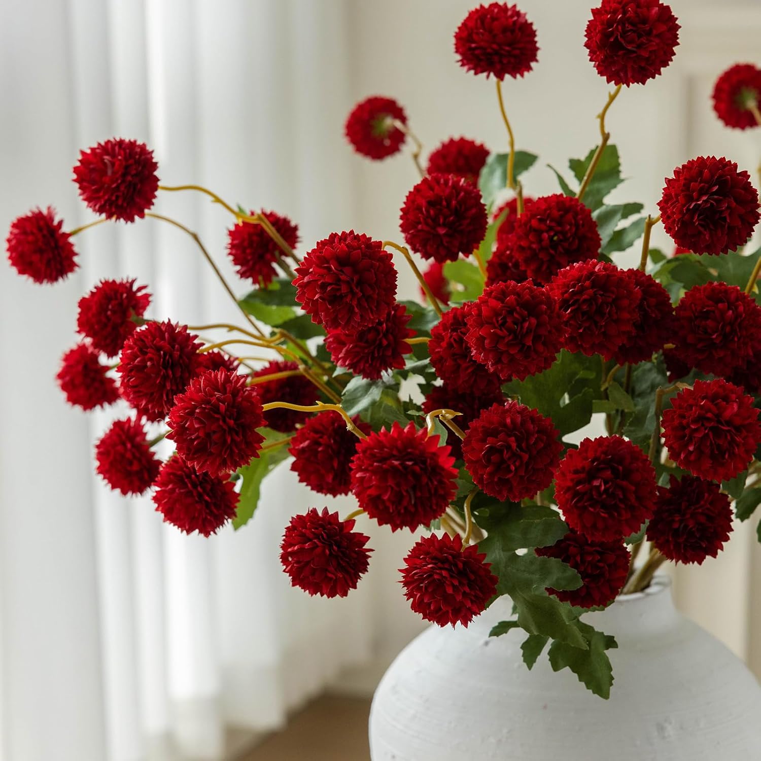 mizii 6Pcs Red Fake Silk Pompon Mum Artificial Flowers Bulk Small Faux Chrysanthemums with Stems Realistic Floral Decorations for Wedding DIY Bouquet Centerpieces Shower Vase Home Decor (Red)