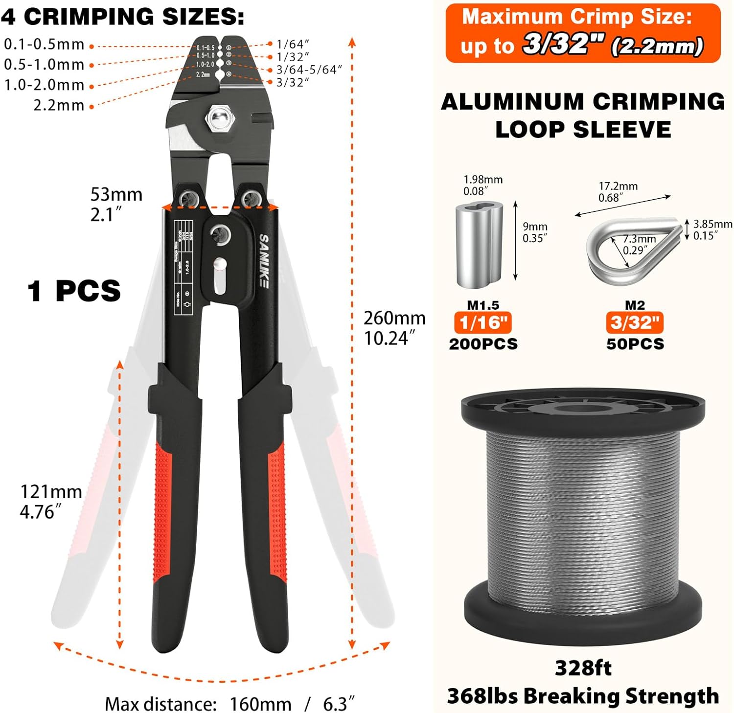 Sanuke Wire Rope Crimp Kit with 328ft Stainless Steel Cable 7x7 Strand Core 1/16'' Aluminum Crimp Loop Sleeves and Wire Rope Stainless Steel Thimble