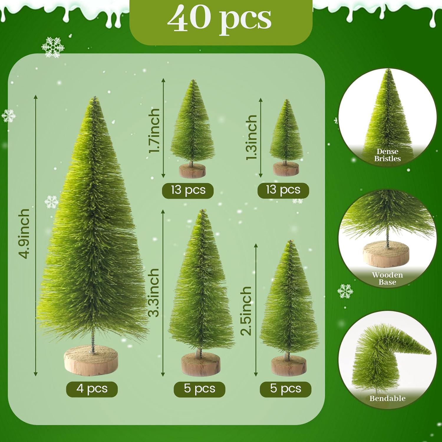 LOVEINUSA 40PCS Mini Christmas Trees, 5 Sizes Artificial Sisal Trees Bottle Brush with Wooden Base for Xmas Winter Home Table Decoration
