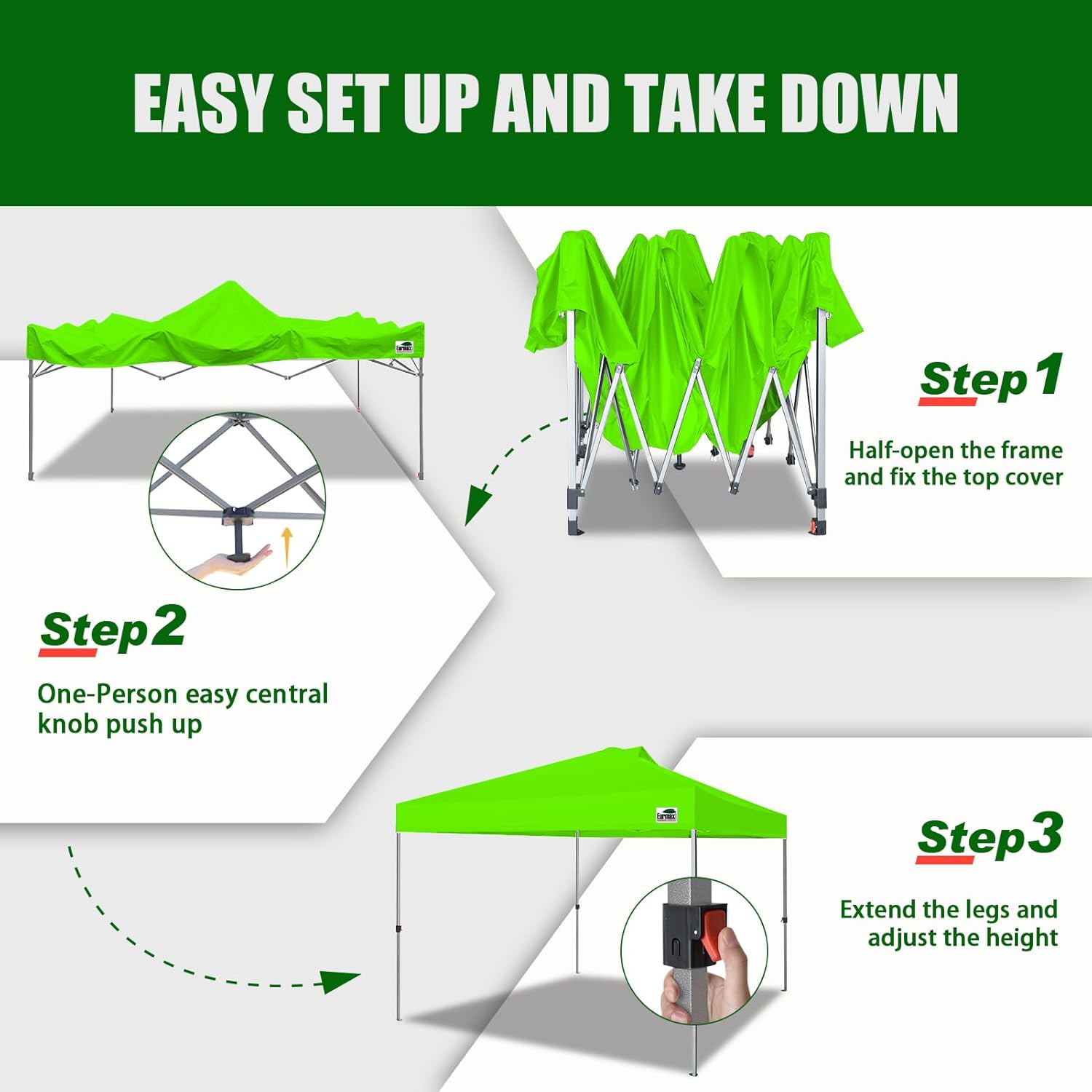 Eurmax USA NOMATTER ONE-Person Open&Close 10x10ft Pop Up Canopy Tent，Portable Shelter Canopy for Outdoor Events，Instant Canopies, Temporary Sunshade,Bonus 4 Sand Bags(Hi-Vis Green)