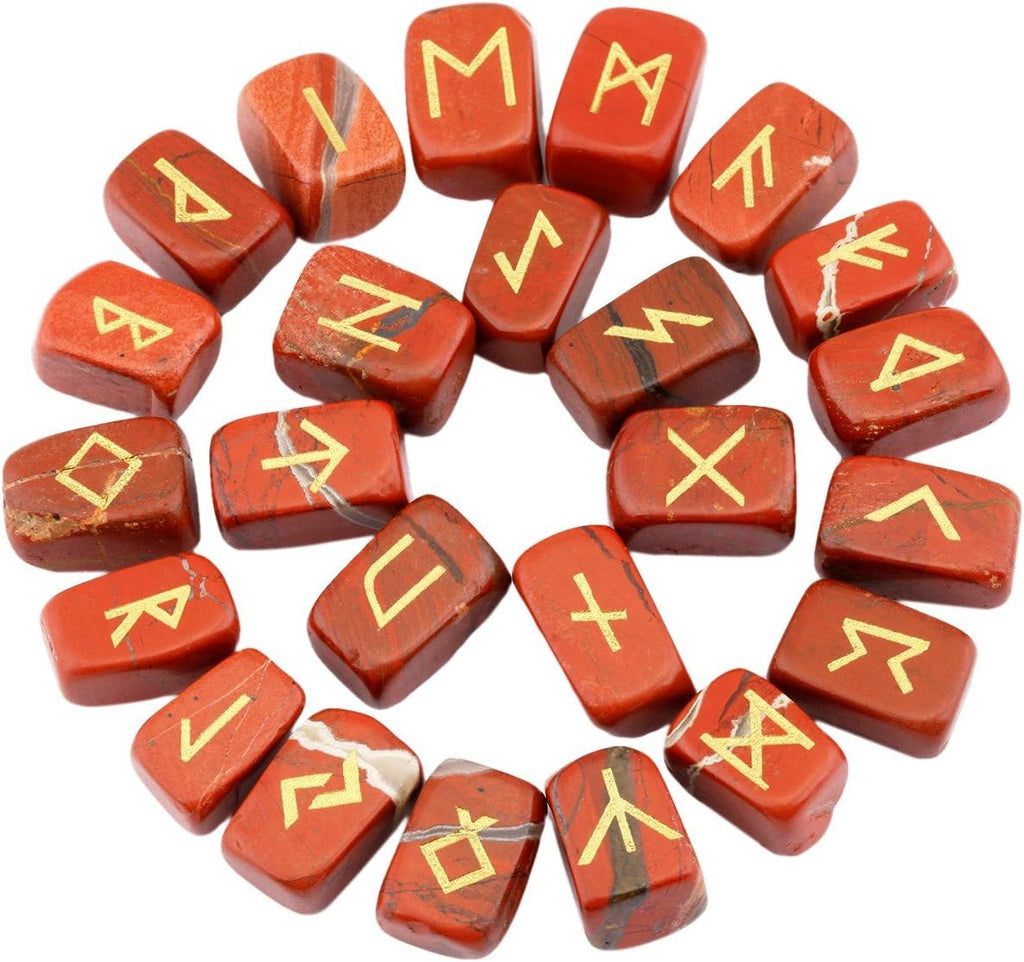 rockcloud Red Jasper Rune Stones Tumbled Engraved Lettering Crystal Set for Wicca Crystals Healing Chakra Reiki