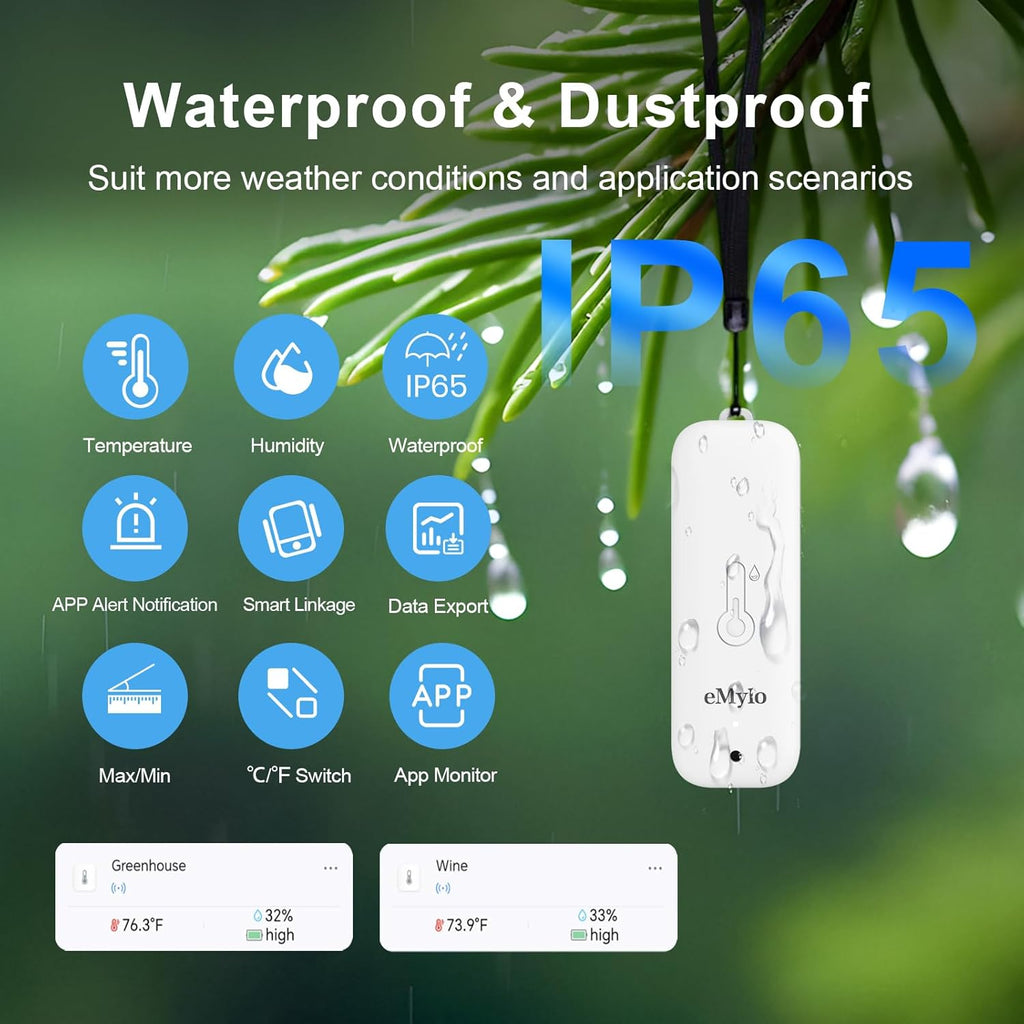 eMylo WiFi Hygrometer Thermometer with 2 Sensor, IP65 Indoor Outdoor Wireless Smart Temperature Humidity Monitor with App Notification Alert, 492ft Bluetooth Range, for Home, Room, Greenhouse