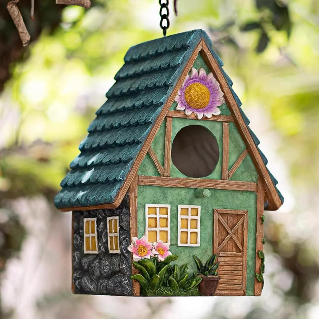Bird Houses for Outside Cottage-Style Hanging Birdhouse with Flower Accents – Hand-Painted Resin Decorative Bird House for Outdoors for Hummingbird Finches Cardinals Bird Nesting Garden, Patio, Yard