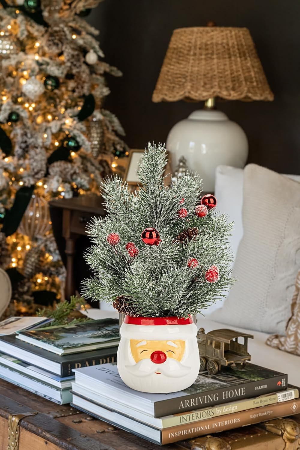 Small Christmas Tree Tabletop Snowman Potted Plants with Vase 11" Artificial Mini Xmas Tree Decorations Pine Needles Plant with Christmas Ball Ornaments Berries Pine Cones Slim Tree Party Home Decor
