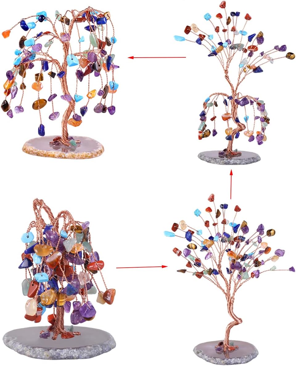 mookaitedecor 7 Chakra Crystal Tree Tumbled Stones, Geode Agate Slices Base Money Tree Decoration for Wealth and Luck 5.7"-6.7"