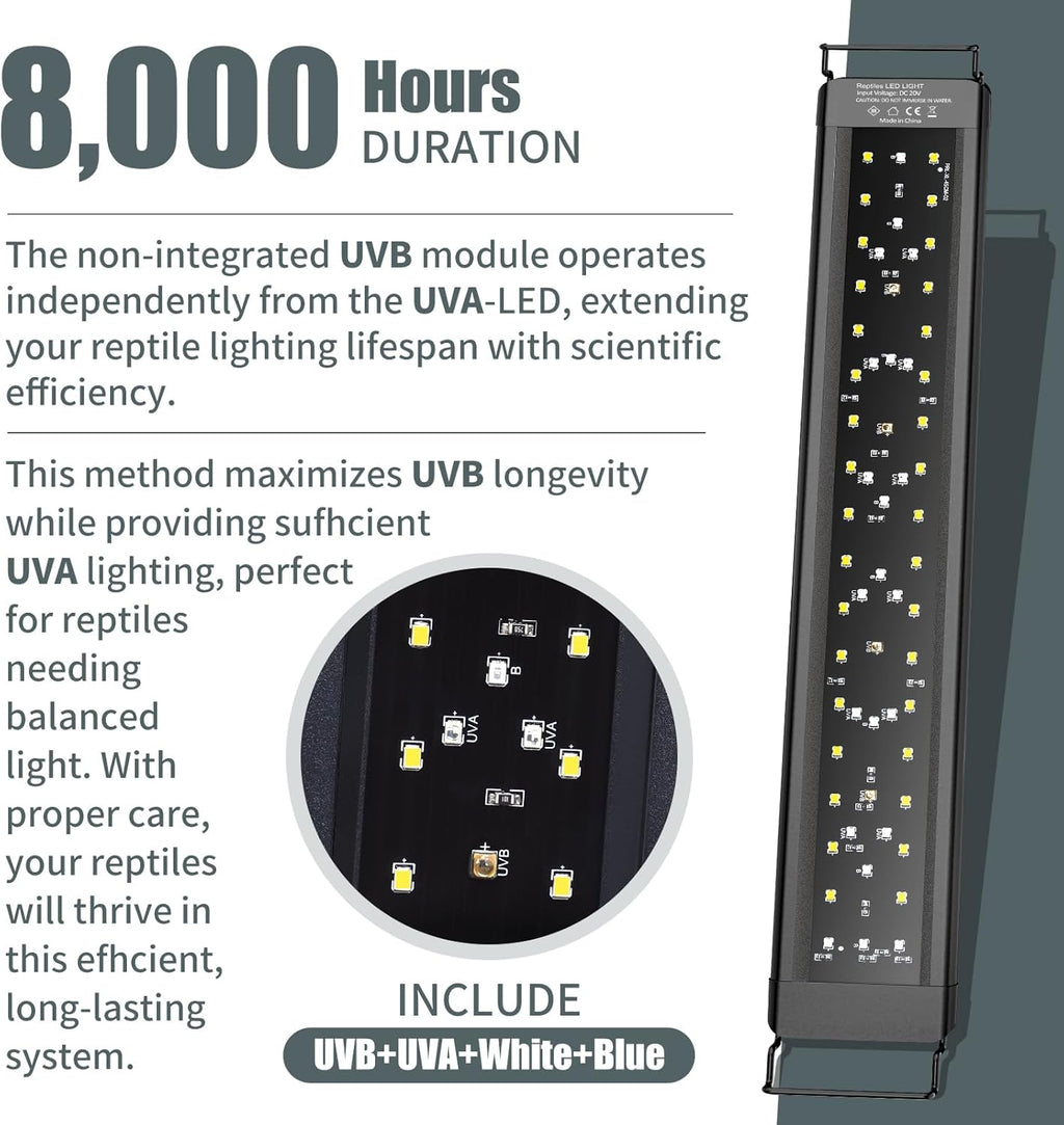 18-Inch LED UVA UVB Light for Reptiles with Controller, Full Spectrum UVA & UVB Reptile Light with Auto 24-Hour Cycle Timer & 10 Dimmable for Bearded Dragons, Turtles, Frogs, Snakes, Plants