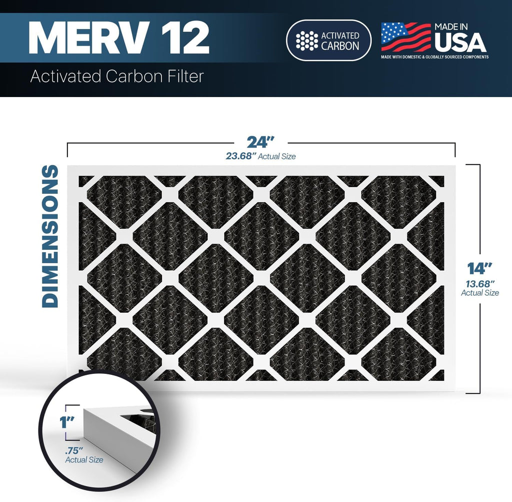 BNX TruFilter 14x24x1 MERV 12 Odor Defense (6-Pack) AC Furnace Air Filter with Activated Carbon - MADE IN USA - Pleated Air Conditioner HVAC AC Furnace Filters - Removes Odor, Mold, Bacteria, Smoke