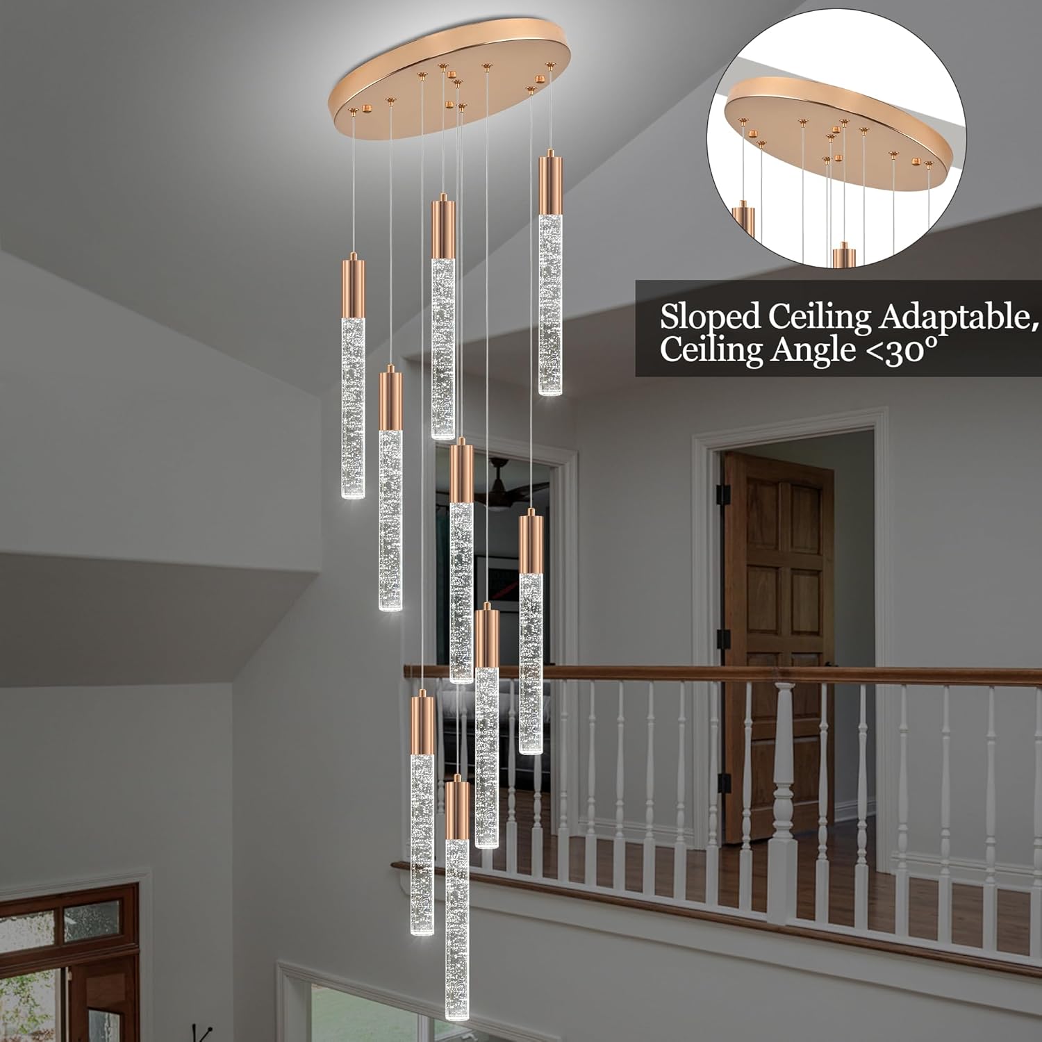Modern High Ceiling Crystal Chandelier 9-Lights, Gold Spiral LED Raindrop Foyer Pendant Lighting, Bubble Staircase Living Room Hanging Light Fixture Flush Mount