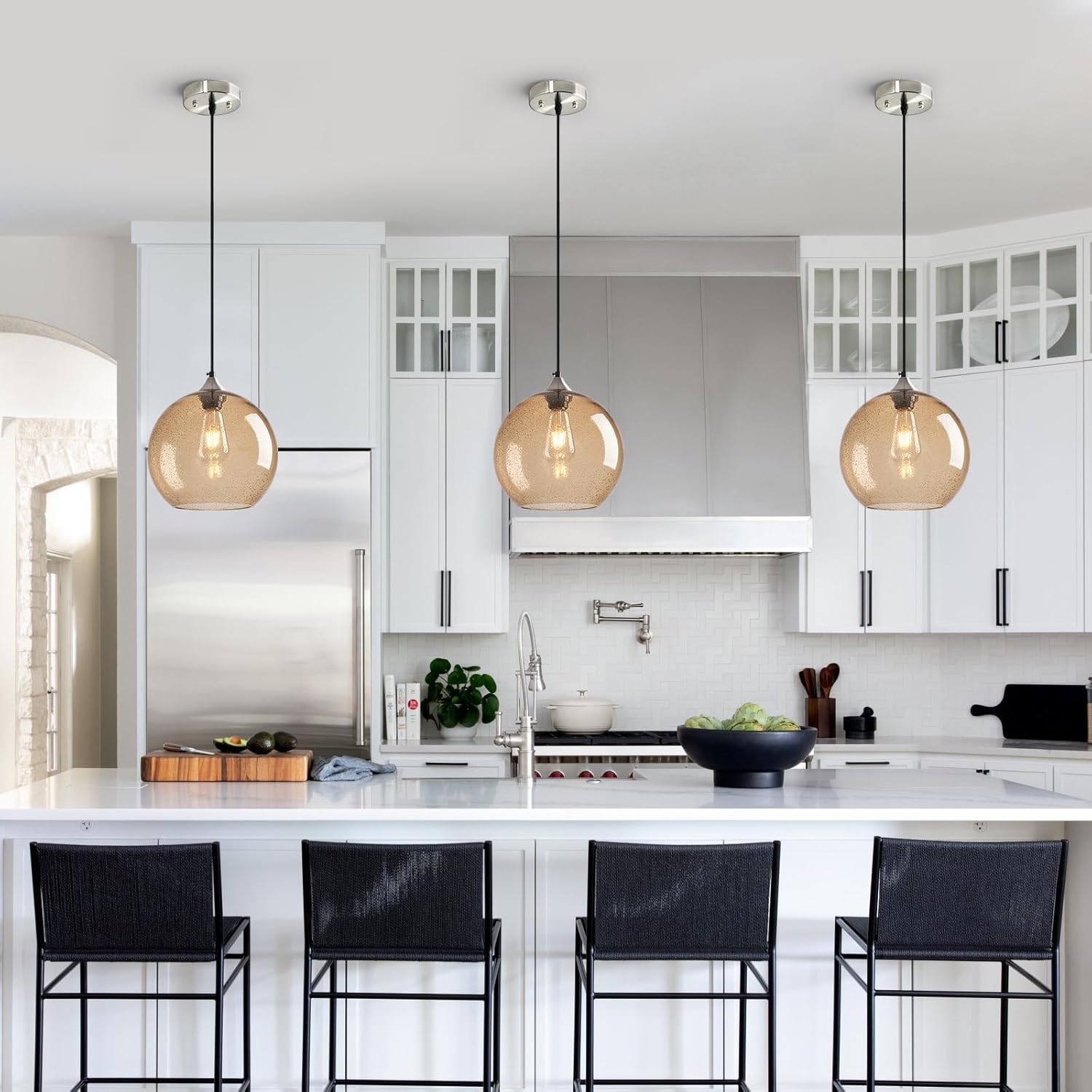 Light Brown Glass Pendant Lights Kitchen Island Globe Pendant Light Fixtures Modern Pendant Lighting for Bedroom Living Dining Room Light Fixture (9.84 in, 3 Pack)