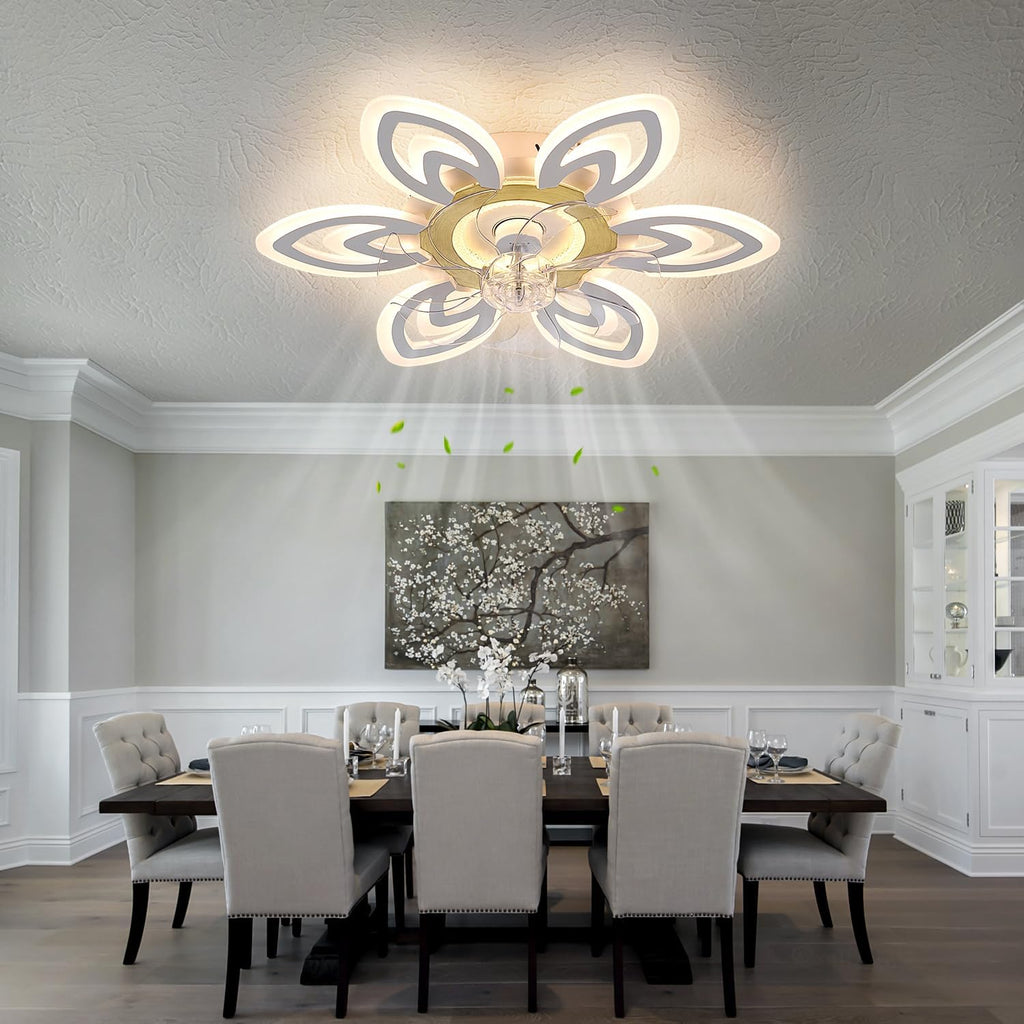 Snowflake Modern Ceiling Fan with Light and Remote, Low Profile Ceiling Fans with remote, 26 Inch Flush Mount Ceiling Fan with 3 Light Color 6 Speeds, Fandelier Ceiling Fan for Kitchen Bedroom-White