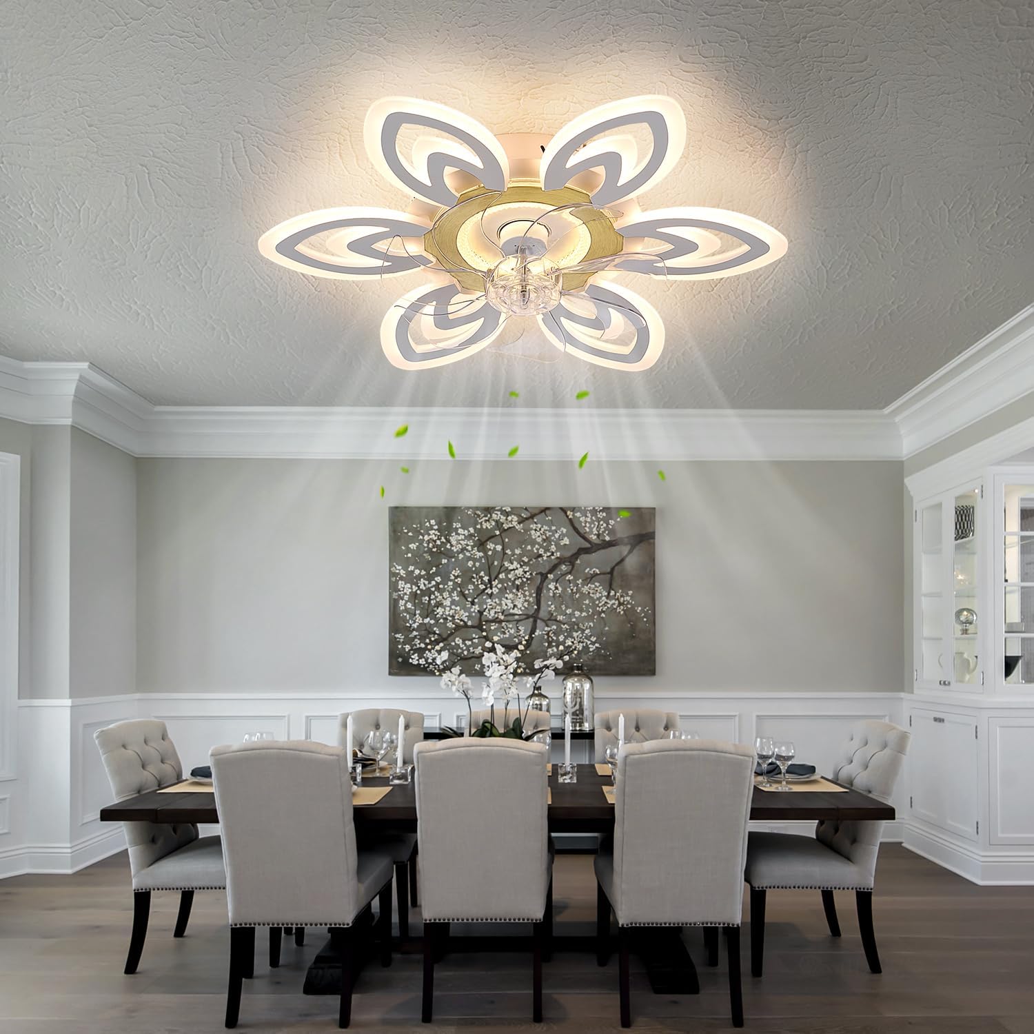 Snowflake Modern Ceiling Fan with Light and Remote, Low Profile Ceiling Fans with remote, 26 Inch Flush Mount Ceiling Fan with 3 Light Color 6 Speeds, Fandelier Ceiling Fan for Kitchen Bedroom-White