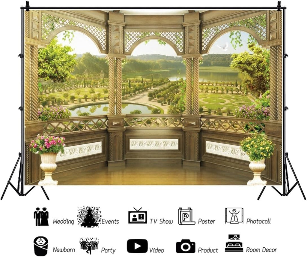 12x8ft Window Scenery Backdrop Golden Vintage Fence Green Tree Mountain Lake Nature Park Landscape Photography Background Party Birthday Wedding Bridal Studio Photo Props Polyester