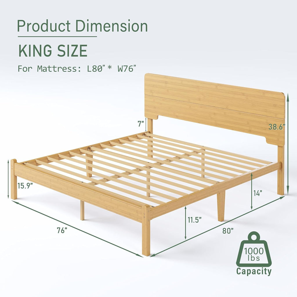 14in High Solid Bamboo Wood Platform King Size Bed Frame with Headboard, Reinforced Heavy Duty Metal Slats, Noise Free, No Box Spring Needed, Easy Assembly