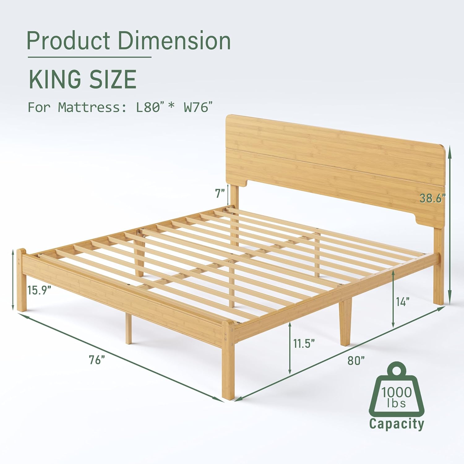 14in High Solid Bamboo Wood Platform King Size Bed Frame with Headboard, Reinforced Heavy Duty Metal Slats, Noise Free, No Box Spring Needed, Easy Assembly